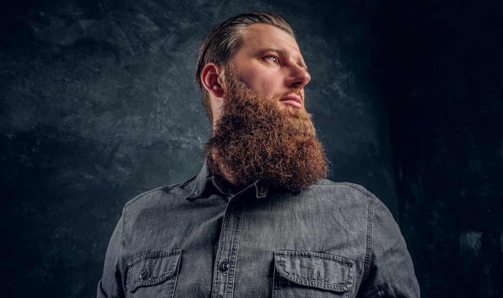 Close-up portrait of a man with a stylish haircut and beard wearing a gray shirt. Studio shot on a gray textured wall