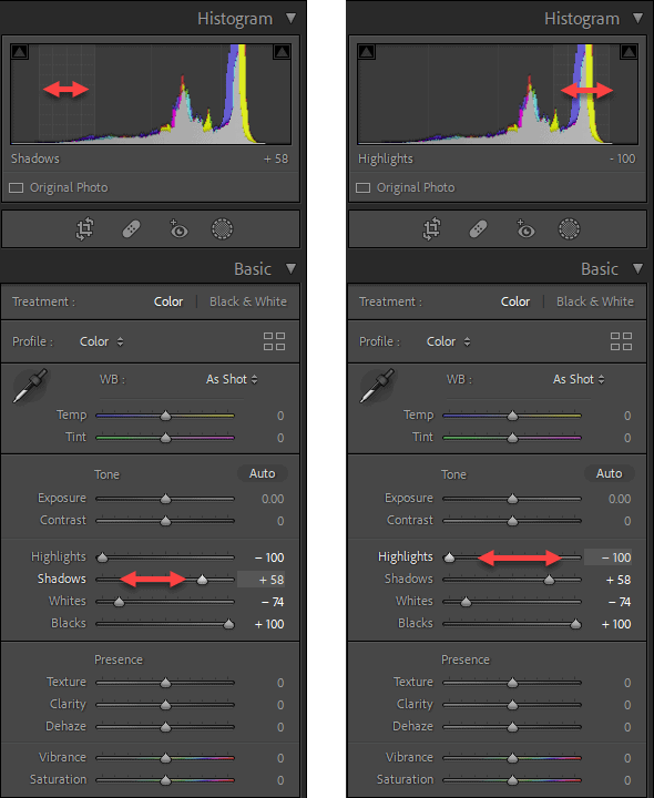 The Tone Sliders are linked to the Histogram