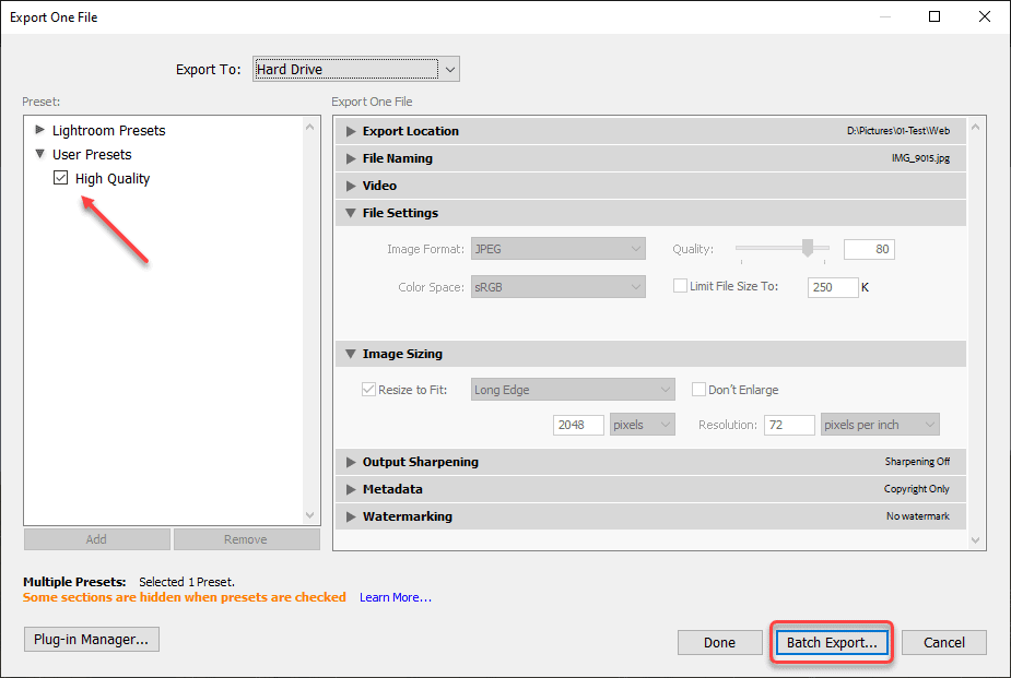 the Export button changes to Batch Export